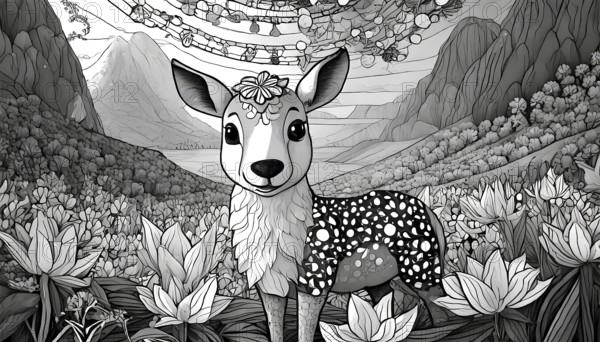 A deer with flowers on its head stands in a field of flowers. The image has a peaceful and serene mood, with the deer being the main focus, AI generated