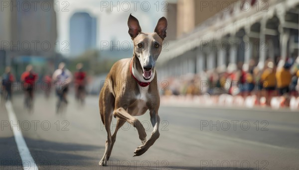A dog is running on a road with a red collar. There are several people in the background, some of them riding bikes, AI generated