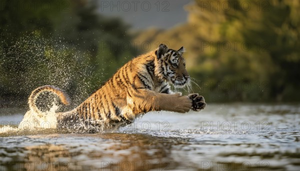 A Bengal tiger is captured in mid-air as it leaps through shallow water, splashing in a dynamic moment during sunset in the wild, with blurred trees in the background, AI generated
