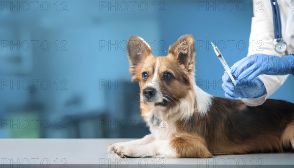 Corgi dog lying on a table in a veterinary clinic while a veterinarian prepares a syringe for an injection, AI generated