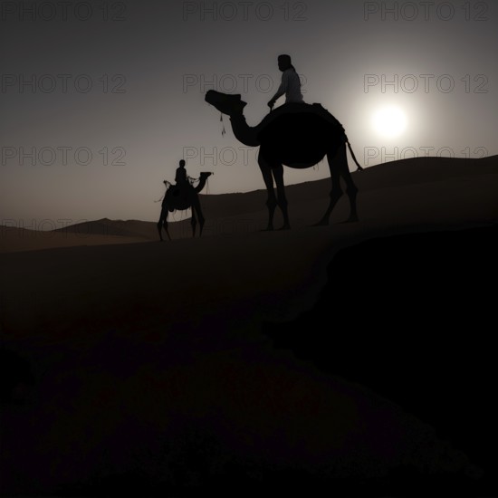 Silhouette of two arab men riding a camel through the desert at sunset. A silhouette of a lone camel rider is seen against the vast desert sky, highlighting the beauty of domesticated animals living in their natural environment. image generated by artificial intelligence, AI generated