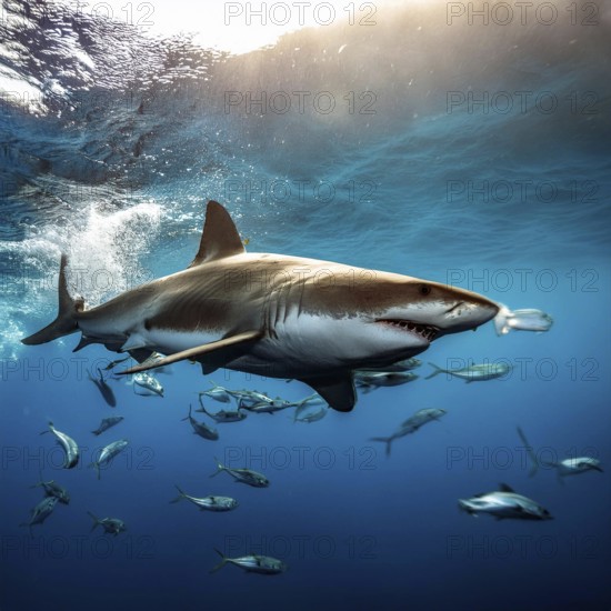 A great white shark swims among a school of fish in the deep blue ocean, showcasing its powerful presence and underwater marine life, AI generated