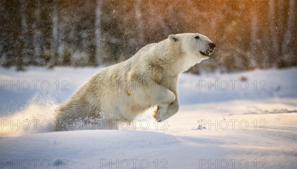 A polar bear dashes through the snow with sunlight illuminating its fur, creating a dynamic winter scene in the arctic wilderness, AI generated