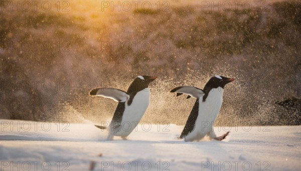 Two penguins waddle across the snow as the sun sets, creating a warm, glowing atmosphere in the cold Antarctic landscape, AI generated