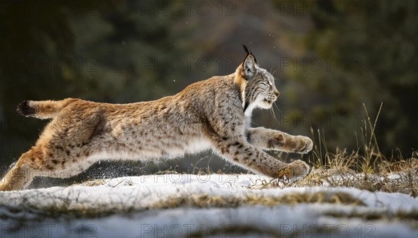 A majestic lynx runs swiftly through the snow in a forest, showcasing its agility and strength. The wild cat is captured mid-leap, highlighting its natural power and grace in its winter habitat, AI generated