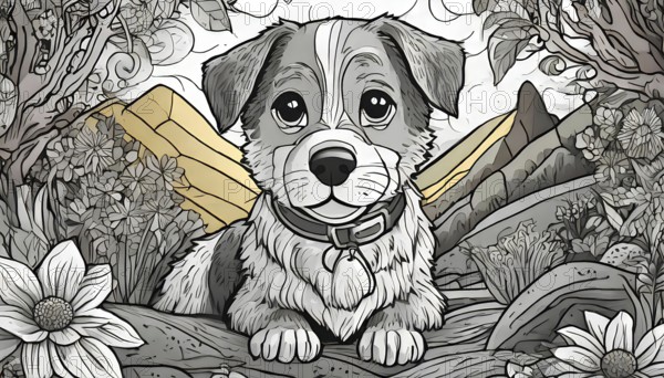 A detailed grayscale illustration featuring an adorable puppy sitting among flowers, with stylized mountains and trees in the background. The drawing showcases a whimsical and artistic style, capturing the charm of nature, AI generated