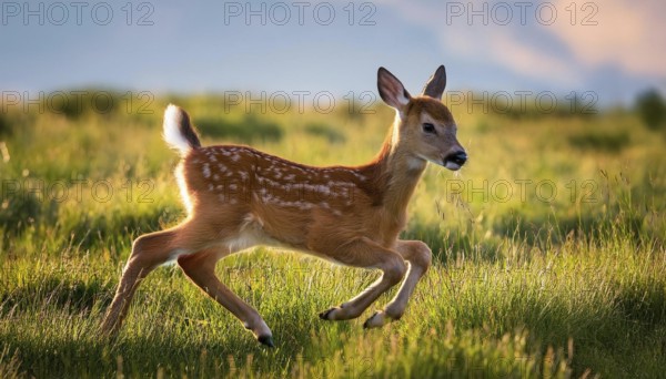 A young fawn runs playfully through a sunlit grassy meadow, showcasing its delicate features and vibrant brown coat under the warm glow of sunset, AI generated