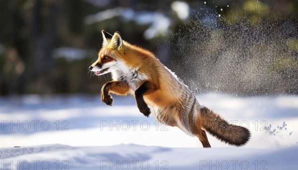 A red fox is captured mid-leap in a snowy forest, its fur glowing in the sunlight while snowflakes scatter around it in motion, AI generated