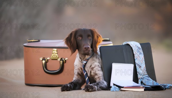 A dog is laying on a suitcase with a tie around its neck. The suitcase is brown and has a gold handle. The dog is wearing a tie and he is dressed up for a formal occasion. The scene is playful, AI generated