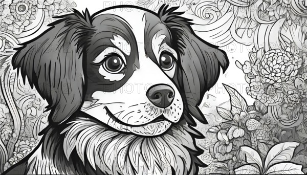 A black and white drawing of a dog with a flowery background. The dog has a happy expression and is looking at the camera, AI generated