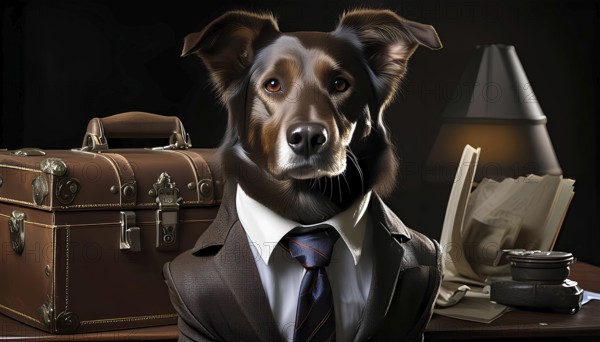 A dog is wearing a suit and tie and sitting in front of a desk with a briefcase and a book, AI generated