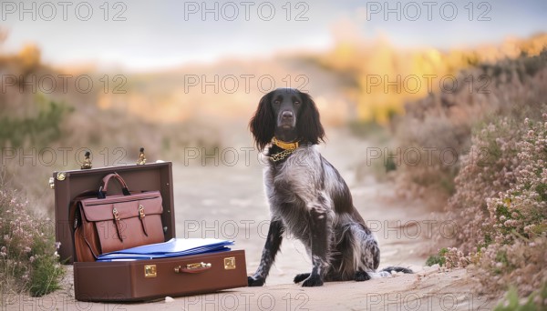 A dog is sitting next to a brown suitcase. The dog is wearing a yellow collar. The scene is set in a field with a lot of grass, AI generated