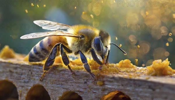 A bee is eating honey from a wooden board. The bee is surrounded by a lot of dust, which is falling from the board, AI generated