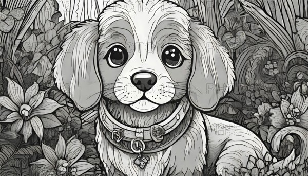 A black and white drawing of a dog wearing a collar. The dog is looking at the camera with a sad expression, AI generated