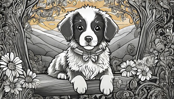A black and white drawing of a dog sitting on a log. The dog is wearing a bow tie and has a collar. The image has a whimsical and playful mood, AI generated