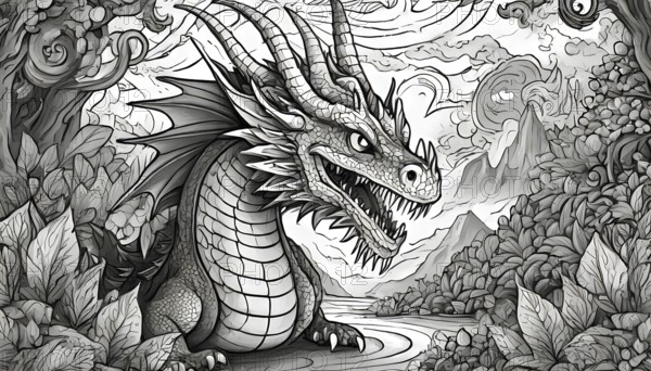A black and white drawing of a dragon with its mouth open. The dragon is surrounded by trees and mountains, giving the impression of a wild and untamed landscape. Scene is one of adventure and danger, AI generated