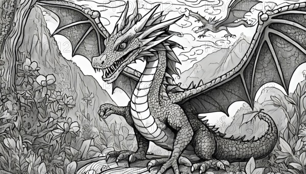 A black and white drawing of a dragon with its mouth open. The dragon is standing on a rock in a forest, AI generated