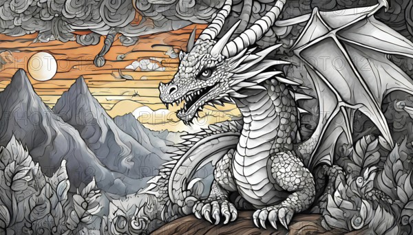 A white dragon is sitting on a rock in front of a mountain range. The sky is orange and the sun is setting, AI generated