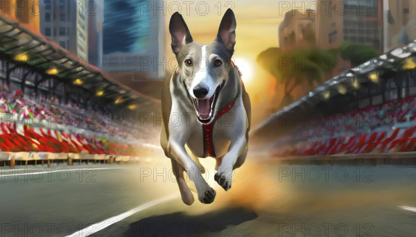A dog is running on a track with a crowd of people watching. The dog is wearing a red harness and he is enjoying the race, AI generated