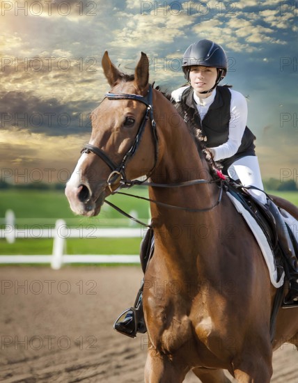 A woman is riding a brown horse in a field. The sky is cloudy and the sun is shining through the clouds, AI generated