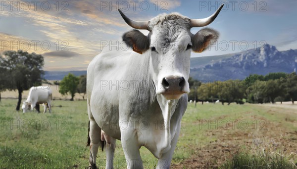 A cow is standing in a field with a mountain in the background. The cow is looking at the camera, AI generated