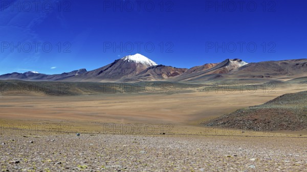 A snow-capped mountain rises above a vast, uninhabited desert landscape under a bright blue sky, The landscape of the Altiplano in Bolivia