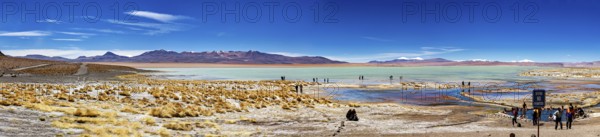 Expansive view of a desert landscape with lake and mountains under a clear sky, The Aguas Termales de Polques in Bolivia
