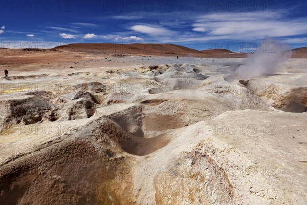 Barren desert landscape with geysers, rocks and vast skies conveys solitude, The mud volcanoes and fumaroles on the Altiplano in Bolivia