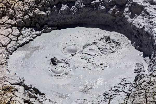 Close-up of a cracked crater covered with muddy bubbles, The mud volcanoes and fumaroles on the Altiplano in Bolivia