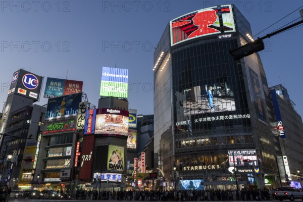 Crowd waiting at the zebra crossing of Shibuya Crossing, world-famous intersection in Shibuya district, behind neon signs and billboards on skyscrapers at dusk, tourist attraction, sight, Shibuya district, Tokyo, Japan