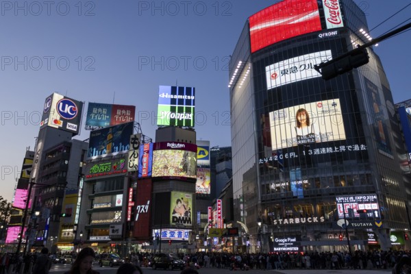 Crowd waiting at the zebra crossing of Shibuya Crossing, world-famous intersection in Shibuya district, behind neon signs and billboards on skyscrapers at dusk, tourist attraction, sight, Shibuya district, Tokyo, Japan