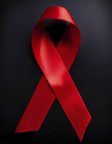 Close-up of a red awareness ribbon symbolizing support for causes like HIV/AIDS and heart disease, displayed against a black background, AI generated