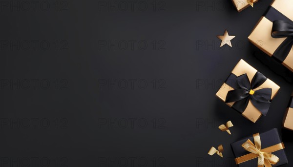 Luxurious black and gold wrapped gifts with ribbons on a dark background, symbolizing Black Friday deals and holiday celebrations, AI generated