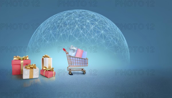 Shopping cart filled with gift boxes on a blue digital background with a network design, symbolizing online shopping, retail promotions, and holiday sales, AI generated