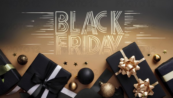 Black and gold gift boxes with bows and festive ornaments on a gradient background with Black Friday text. Ideal for Black Friday promotions and holiday shopping themes, AI generated