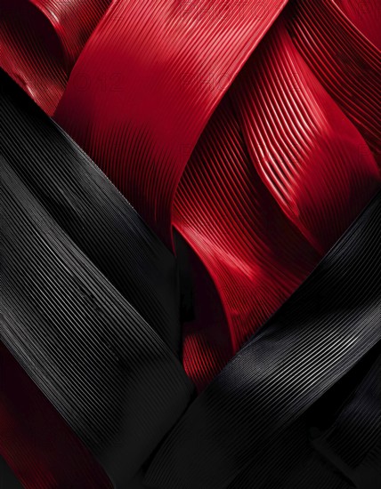 Abstract close-up of red and black textured ribbons intertwined, creating a vibrant background, perfect for Black Friday, sales, or holiday-themed designs, AI generated