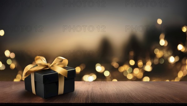 Elegant black gift box with golden ribbon on wooden surface and bokeh lights, AI generated