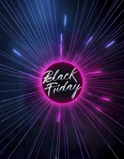 Black Friday text in neon style surrounded by pink and blue light rays on a dark background. Perfect for advertising Black Friday promotions and discounts, AI generated