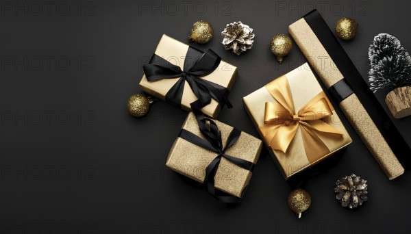 Top view of elegant golden gift boxes with black and gold ribbons, decorated with Christmas ornaments and pinecones on a black background. Perfect for holiday or Black Friday promotions, AI generated