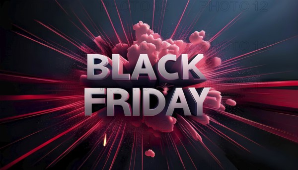 Bold 3D Black Friday text with an explosive background of red clouds and light rays. Ideal for Black Friday promotions, sales events, and holiday advertising, AI generated