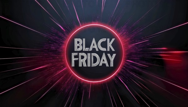 A vibrant Black Friday promotional design with neon lights and glowing lines radiating from a central black circle, creating an energetic and modern look, AI generated