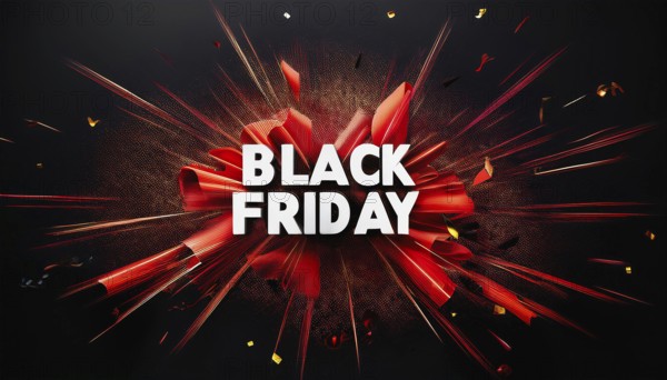 Black Friday sale banner featuring bold white text with an explosive red ribbon design and confetti, ideal for retail promotions, discounts, and holiday marketing, AI generated