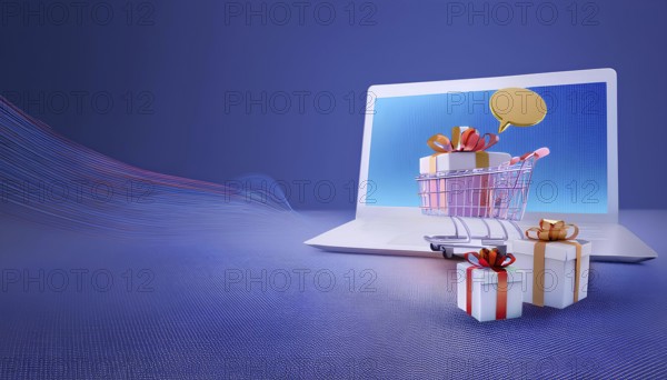 A 3D render of a shopping cart with wrapped gifts displayed on a laptop screen, symbolizing online shopping and discounts for Cyber Monday promotions, AI generated