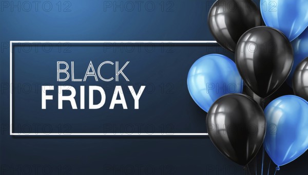 A sleek Black Friday promotional banner featuring black and blue balloons on a dark blue background. The bold typography and festive balloons emphasize the shopping event and discounts, AI generated