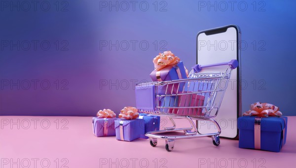 A modern online shopping concept featuring a smartphone, a shopping cart, and multiple gift boxes with bows. Set against a gradient background, symbolizing ecommerce and holiday shopping, AI generated