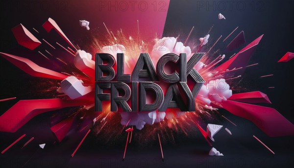 A bold Black Friday text explodes with red and white elements in a dynamic design. This striking visual represents major retail sales and shopping events, emphasizing discounts and promotions, AI generated