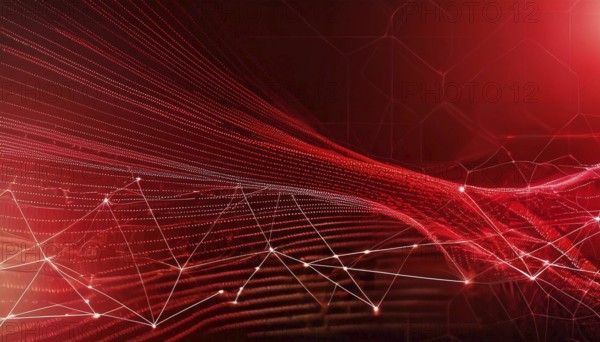 Dynamic abstract red digital wave with connecting network lines and dots on a dark background, symbolizing technology, data flow, and futuristic design, AI generated