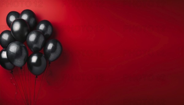 A cluster of black balloons floats against a bold red background, representing celebration, party, and sales events. The contrasting colors create a dramatic and festive atmosphere perfect for promotions, AI generated