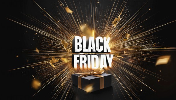 Black Friday sale explosion with bold white text, golden confetti, and a black gift box tied with a gold ribbon, perfect for retail promotions and holiday marketing, AI generated