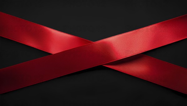 Two vibrant red satin ribbons crossed against a sleek black background, creating a minimalistic and elegant design. Perfect for holiday, gift, or special event themes, AI generated